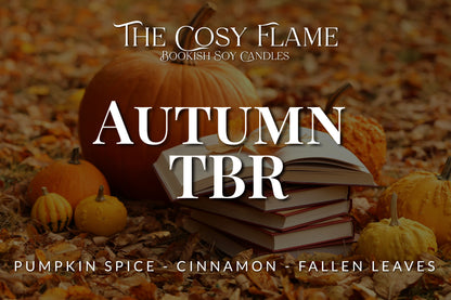 Label design for The Cosy Flame bookish soy candle named Autumn TBR, featuring the scents pumpkin spice and cinnamon.