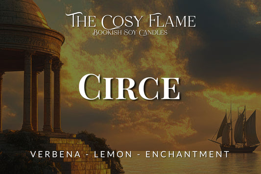 Label design for The Cosy Flame bookish soy candle named Circe, featuring the scents verbena and lemon.