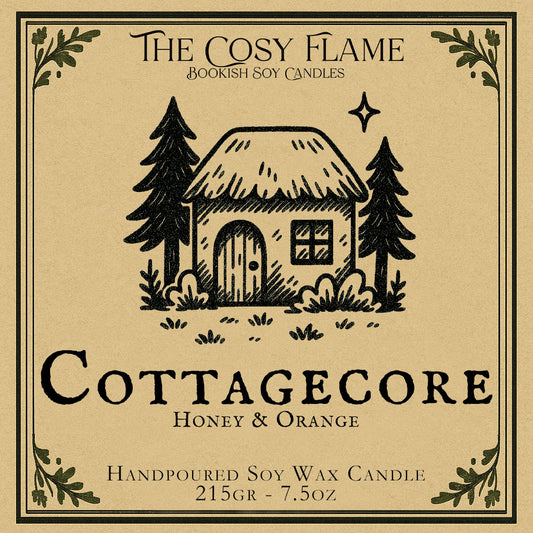 Cottagecore candle label design by The Cosy Flame, featuring an illustration of a cosy cottage in a forest, featuring the scents honey and orange.