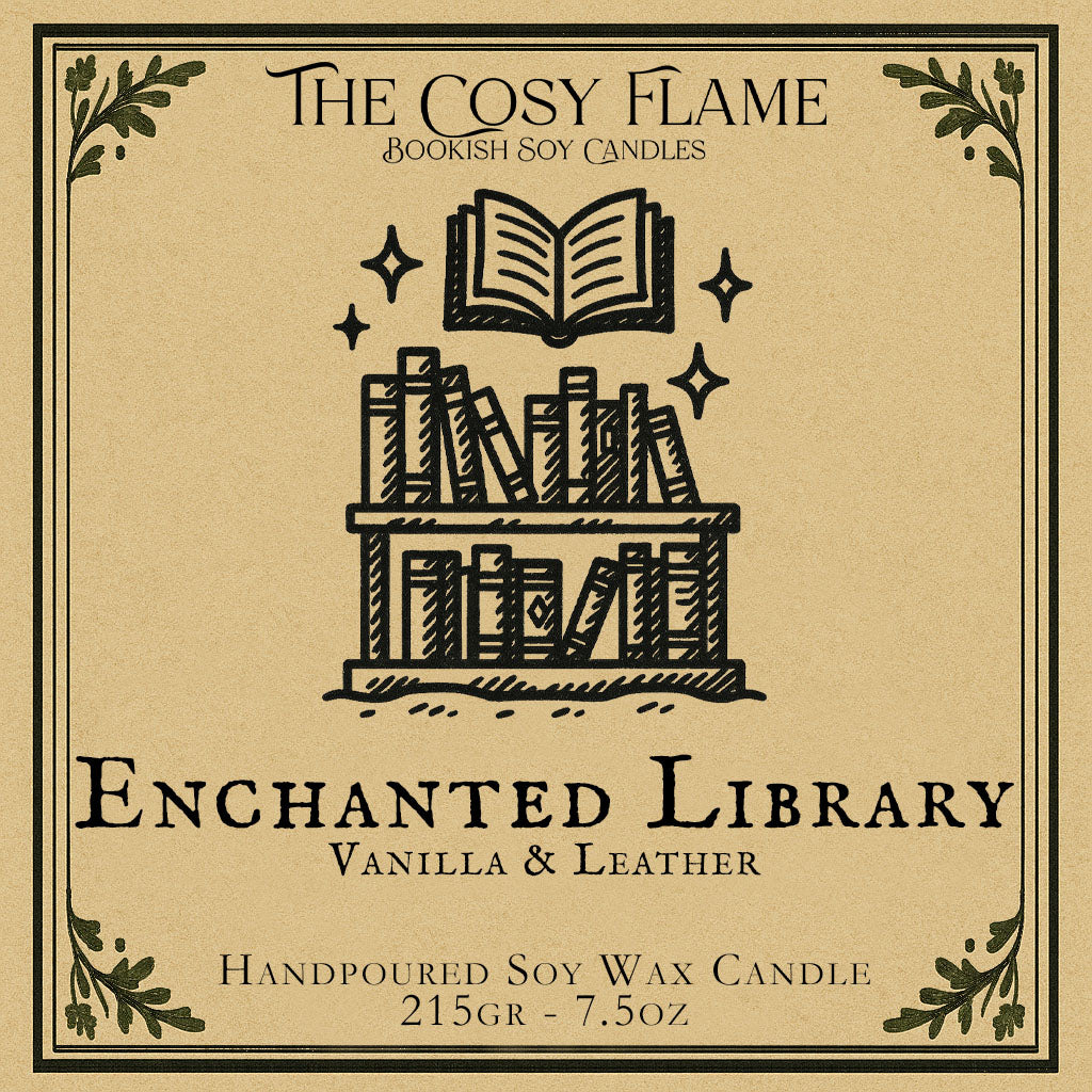 Enchanted Library candle label design by The Cosy Flame, featuring an illustration of a library full of books, featuring the scents vanilla and leather.