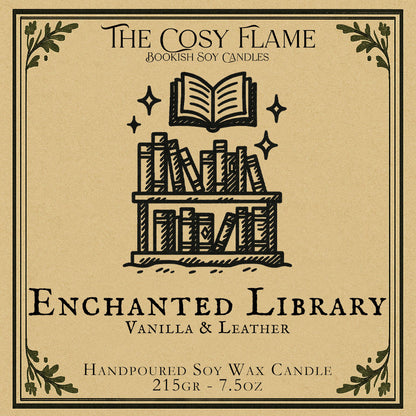 Enchanted Library candle label design by The Cosy Flame, featuring an illustration of a library full of books, featuring the scents vanilla and leather.