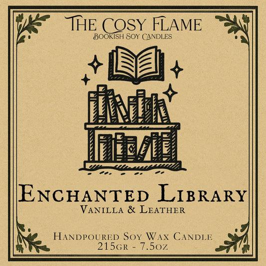 Enchanted Library candle label design by The Cosy Flame, featuring an illustration of a library full of books, featuring the scents vanilla and leather.