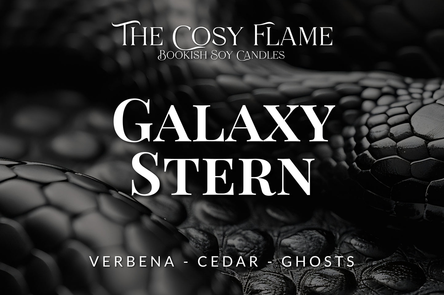 Label design for The Cosy Flame bookish soy candle named Galaxy Stern, featuring the scents verbena and cedar.