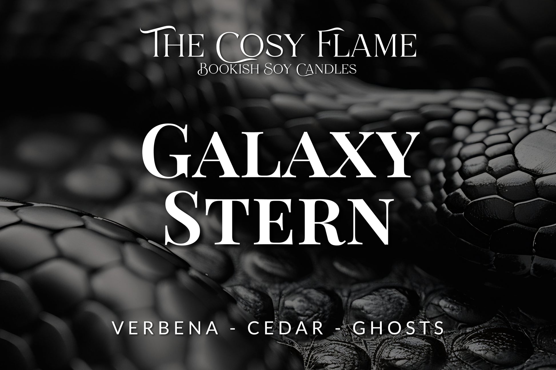 Label design for The Cosy Flame bookish soy candle named Galaxy Stern, featuring the scents verbena and cedar.