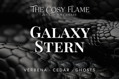 Label design for The Cosy Flame bookish soy candle named Galaxy Stern, featuring the scents verbena and cedar.