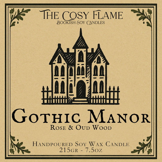 Gothic Manor candle label design by The Cosy Flame, featuring an illustration of a gothic manor, featuring the scents rose and oud wood.