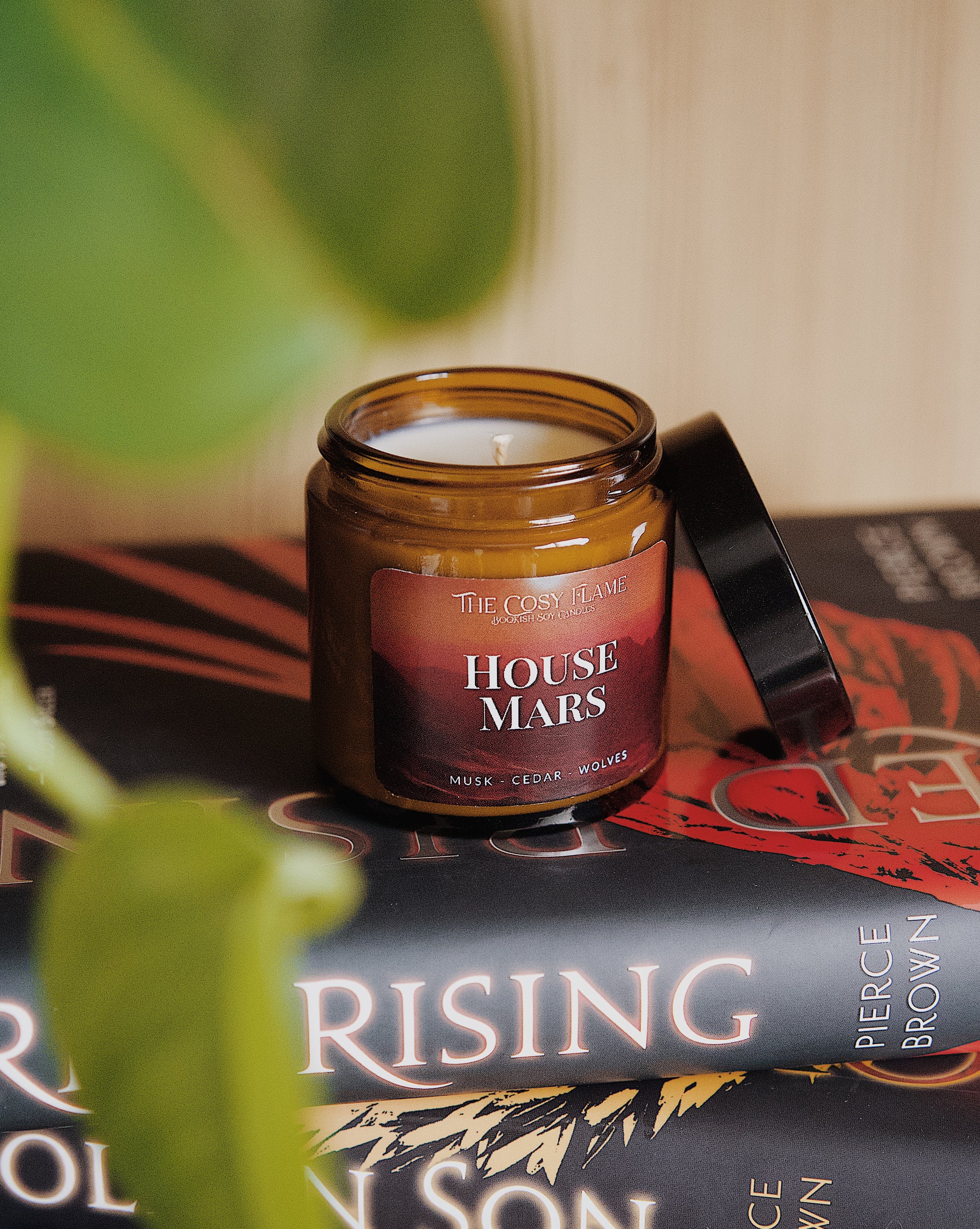 Amber glass candle jar labelled ‘House Mars’ from The Cosy Flame, scented with musk and cedar, and Red Rising books in the background.