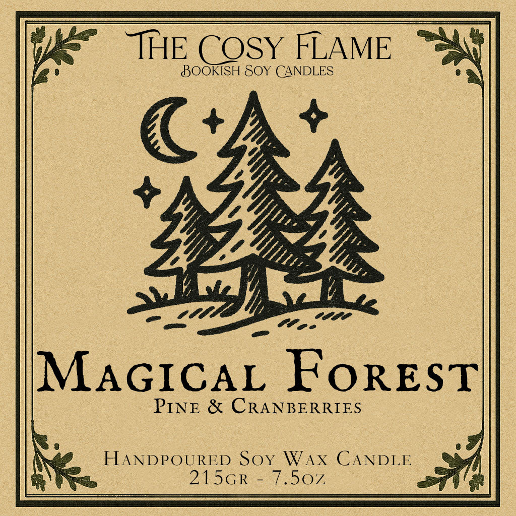 Magical Forest candle label design by The Cosy Flame, featuring an illustration of a magical forest in the moonlight, featuring the scents pine and cranberries.