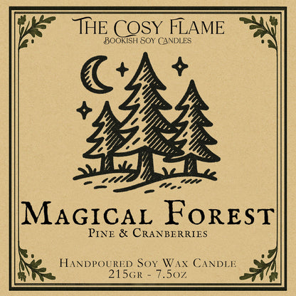 Magical Forest candle label design by The Cosy Flame, featuring an illustration of a magical forest in the moonlight, featuring the scents pine and cranberries.