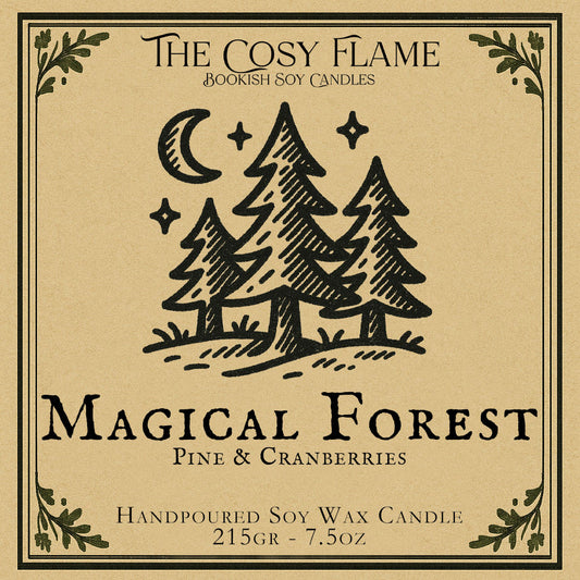 Magical Forest candle label design by The Cosy Flame, featuring an illustration of a magical forest in the moonlight, featuring the scents pine and cranberries.