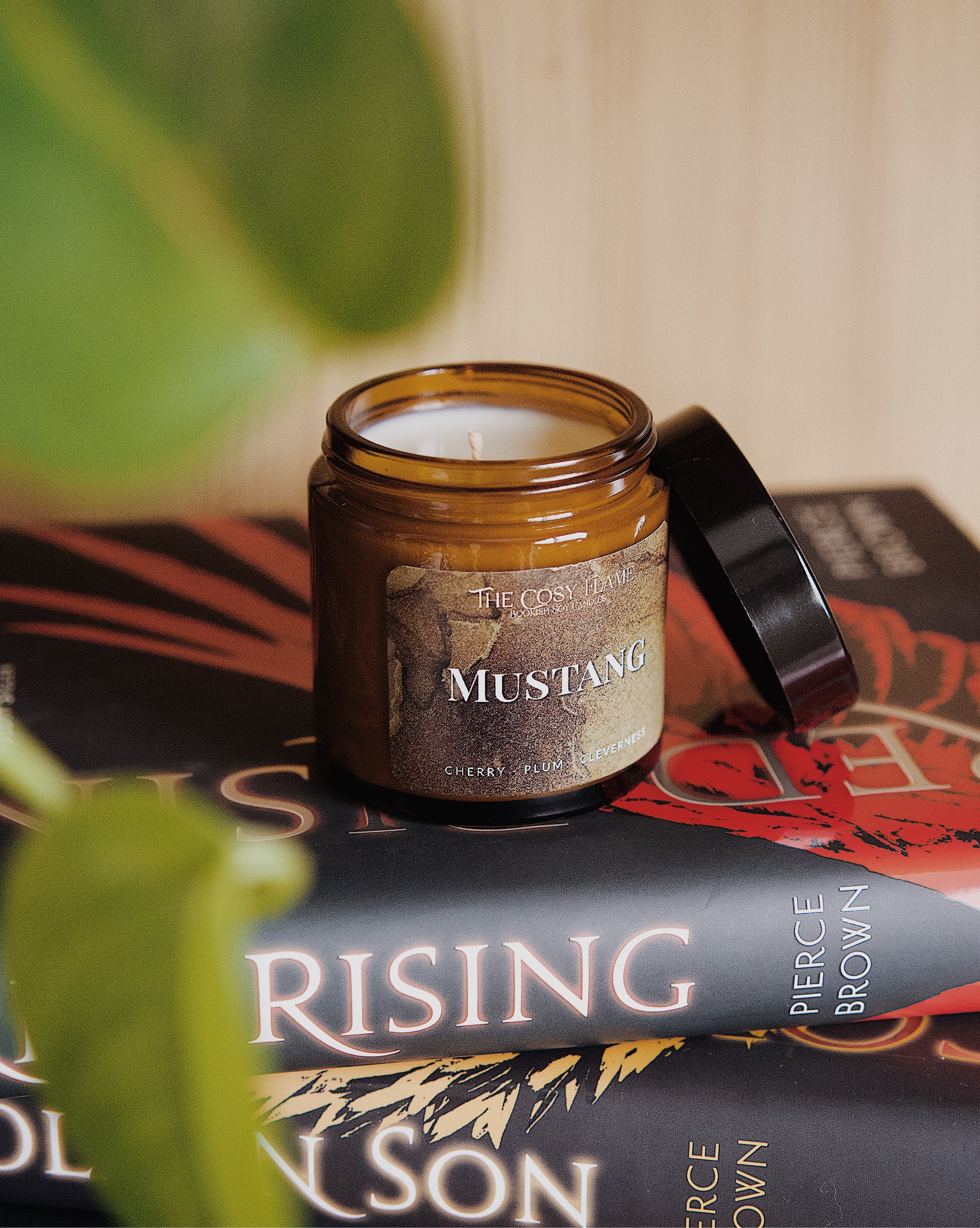 Amber glass candle jar labelled ‘Mustang’ from The Cosy Flame, scented with cherry and plum, and Red Rising books in the background.