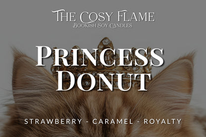 Label design for The Cosy Flame bookish soy candle named Princess Donut, featuring the scents strawberry and caramel.