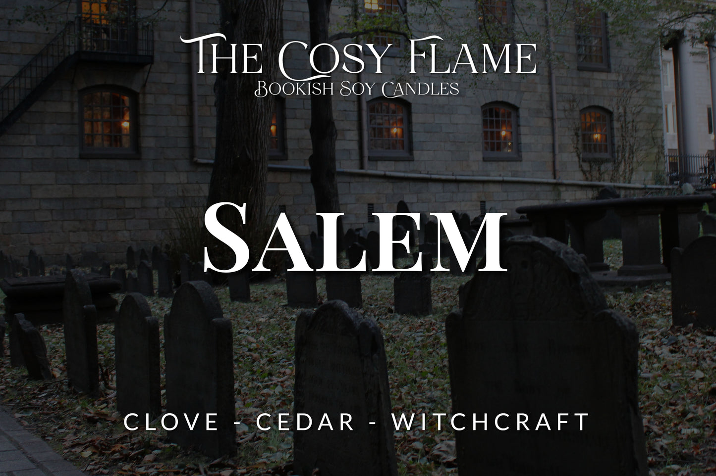 Label design for The Cosy Flame bookish soy candle named Salem, featuring the scents clove and cedar.