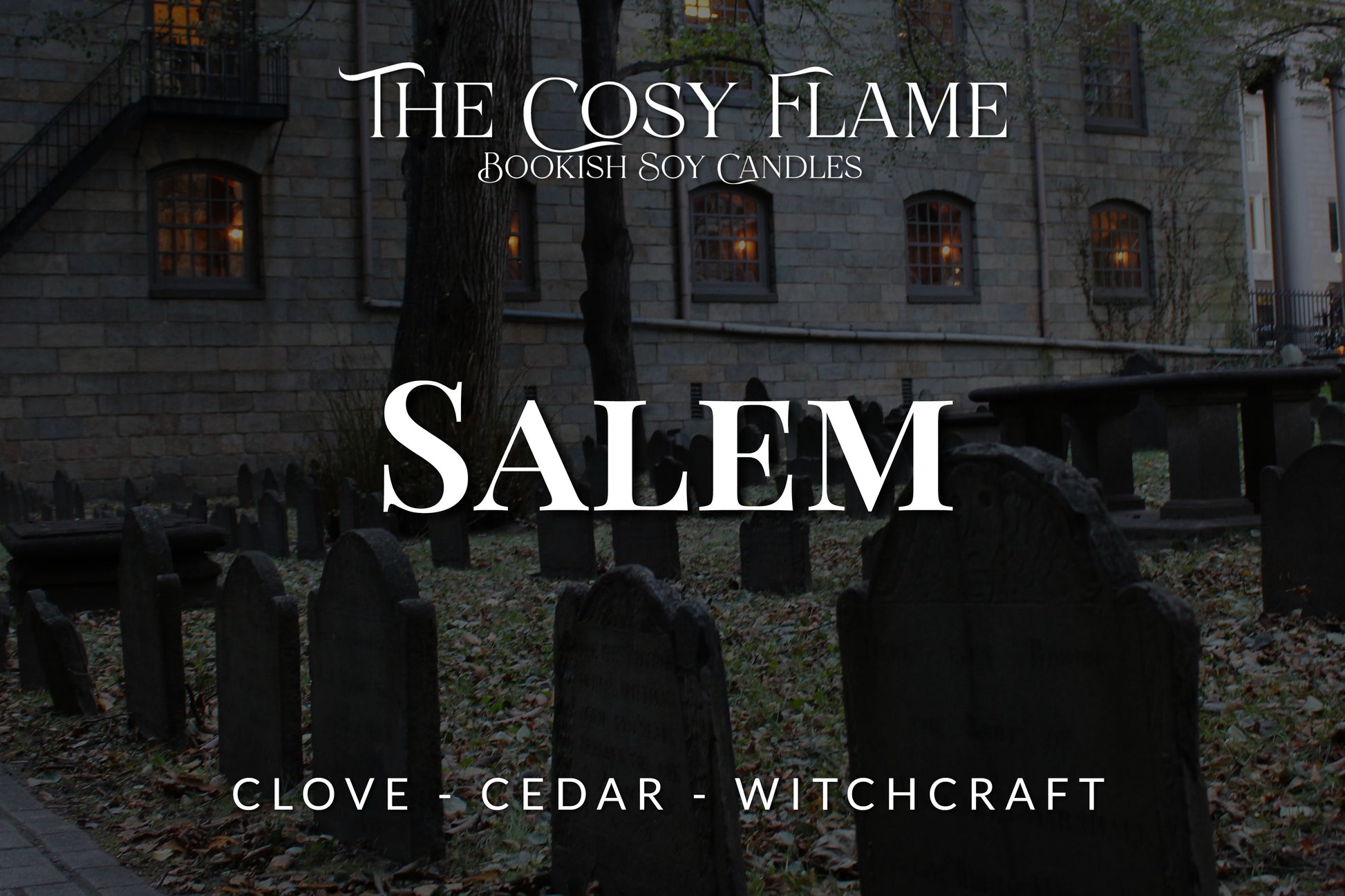 Label design for The Cosy Flame bookish soy candle named Salem, featuring the scents clove and cedar.