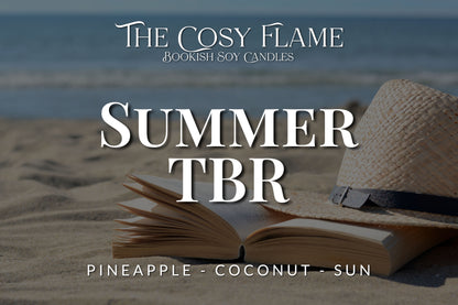 Label design for The Cosy Flame bookish soy candle named Summer TBR, featuring the scents pineapple and coconut.