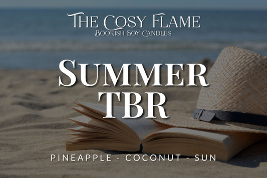 Label design for The Cosy Flame bookish soy candle named Summer TBR, featuring the scents pineapple and coconut.