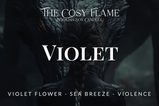 Label design for The Cosy Flame bookish soy candle named Violet, featuring the scents violet flower and sea breeze.