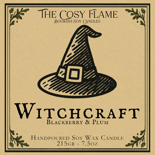 Witchcraft candle label design by The Cosy Flame, featuring an illustration of a black pointed witch's hat, featuring the scents blackberry and plum.